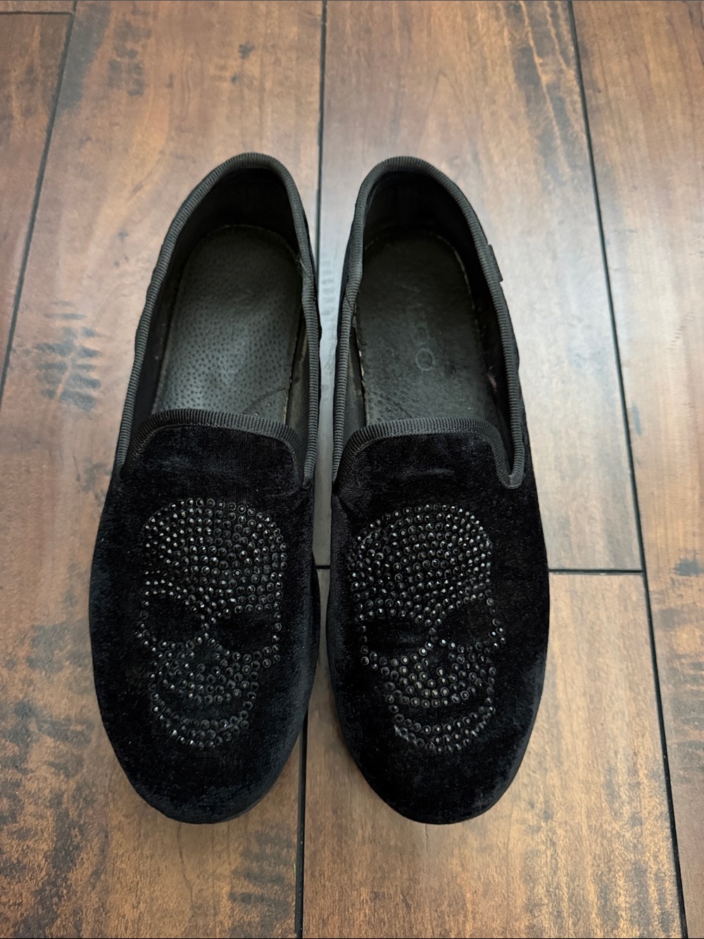 Aldo- Men's Black Velvet Skull Embellished Loafers
